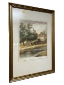 J Morris (Early 20th Century) : Water fowl on a pond with village buildings beyond, watercolour,