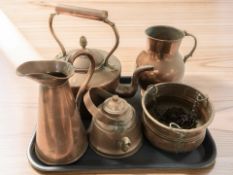 A Victorian copper kettle, two jugs, hanging planter, etc.