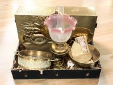 Brass wares including two magazine racks, a converted oil lamp, etc.