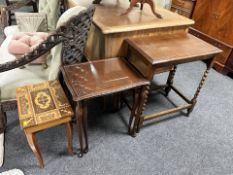 An Edwardian oak barley twist occasional table, width 59 cm, a nest of two tables,