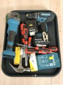 A Makita 18V cordless drill, together with an angle grinder, screwdrivers, hammer,