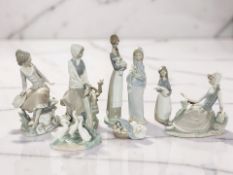 Seven various Lladro porcelain figures and groups, and a further Nao figure group of geese,