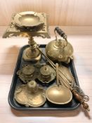 Two ornate cast brass ink wells, a trivet and tea pot, and other brass wares.