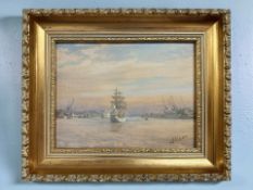 Walter Holmes : Ciudad de Inca (Maria Asumpta) moving upstream past Shields, oil on board, 18.