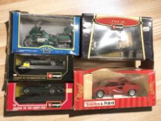 Three Bburago 1/18 and 1/24 scale die cast vehicles including Jaguar SS 100 1937,
