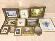 A group of decorative gilt framed pictures and prints, John J Kerr oil painting of a village,