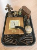 A desk bell, two pairs of antique field glasses, a barometer,