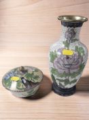 A 20th century Chinese cloisonne enamel baluster vase on hardwood stand, overall 23 cm high,