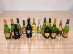 Sixteen bottles of alcohol including Bucks Fizz, Campo Viejo, Baileys Irish Cream, Prosecco, etc.