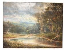 19th Century School : A stag drinking from a river with rolling landscape beyond, oil on canvas,