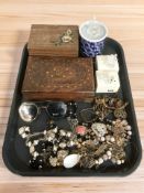 A group of costume jewellery, trinket boxes, crystal ornaments, etc.