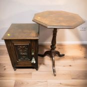 A mahogany octagonal occasional table, height 70 cm, and a Victorian bedside pot cupboard.