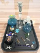 A Murano glass clown, various other Italian glass figurines, two Mdina blue glass vases, etc.