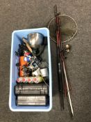 A Shakespeare Firebird 10ft fishing rod, together with a net,