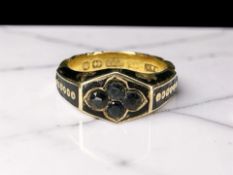 A Victorian 15ct gold, sapphire and black enamel memorial ring, the shank with woven hair,