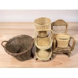 A group of wicker baskets, a two tier stand, a small chair, width 39 cm, etc.