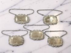 Five silver decanter labels for Port, Gin, Brandy, Whisky, and Sherry, width 6.