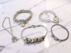 Five various silver or white metal bracelets, one signed Links London, another signed Tiffany,