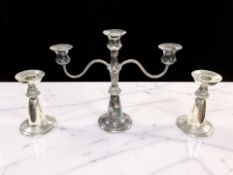 A Lindisfarne silver candelabrum and matching pair of candlesticks, Reid & Sons, Birmingham 1972,