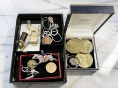 A small group of silver and costume jewellery, fantasy coins including a 1937 'sovereign',