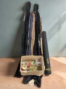 A group of fishing rods including a Bruce & Walker 6-8 Silverstream three piece rod,
