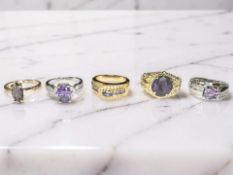 Five amethyst dress rings