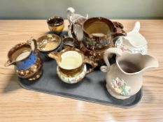 A selection of china items : Copper lustre jugs, a pair of copper lustre goblets,