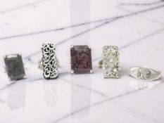 Five dress rings, some gem-set, four stamped 925, the other unmarked.
