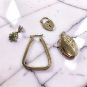 A 9ct yellow gold earring, together with yellow gold padlock,