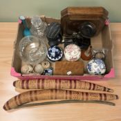 A group of porcelain ginger jars, crystal bowl and decanter, wooden canteen, ornaments,