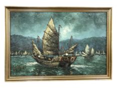 Thone (20th century) Junk boats in a harbour, acrylic on canvas, signed and dated 77,