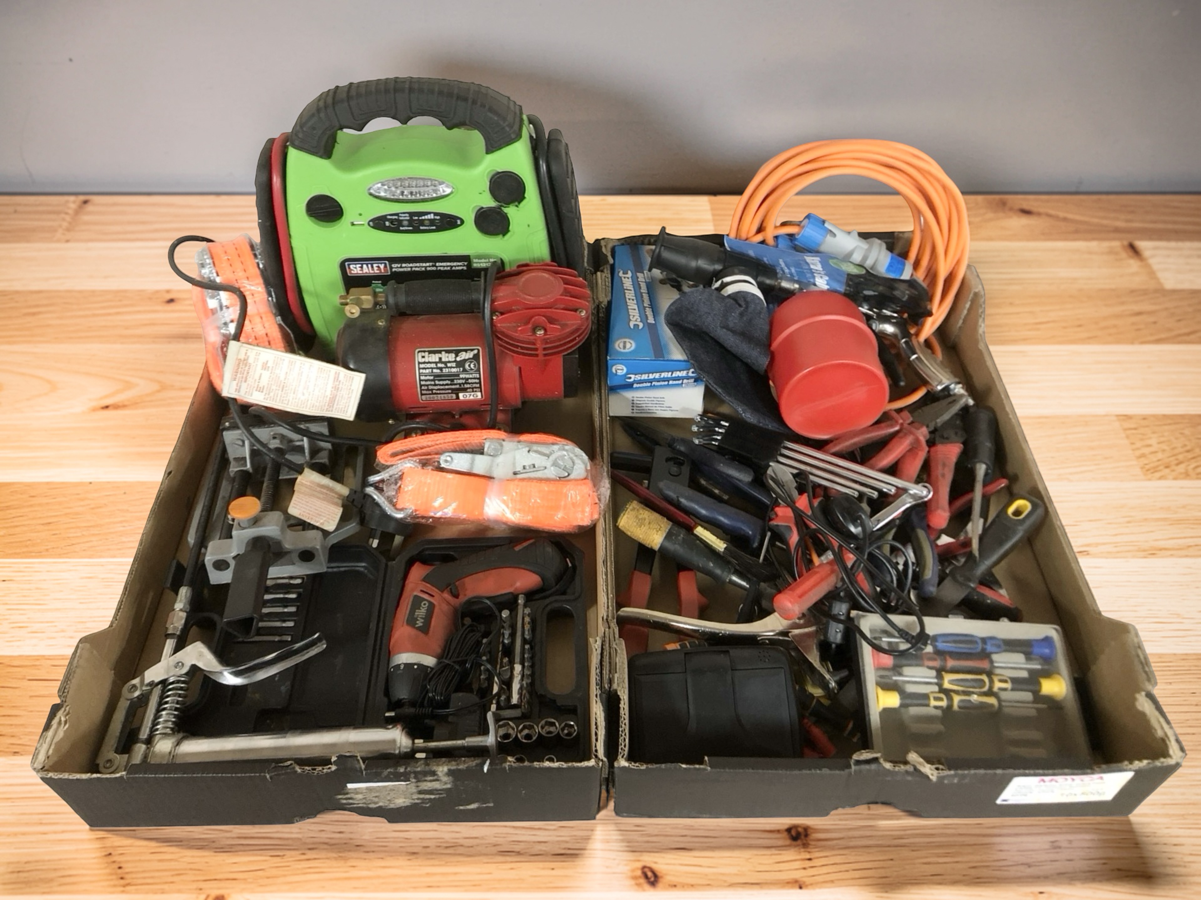 Assorted tools and hardware, Clarke compressor, emergency power pack ...