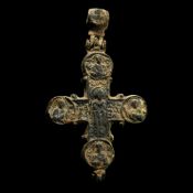 Large Byzantine Bronze Reliquary Cross Pendant with Christ and Saints