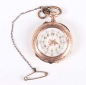 A 14K gold cased keyless wind open-faced lady's fob watch, the enamelled dial with black Arabic hour