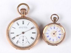 A 14K gold cased keyless wind open-faced lady's fob watch, the white enamelled dial with blue