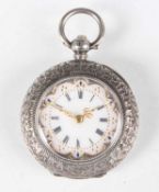 A late 19th century Swiss silver cased keywind open-faced lady's fob watch, the white enamelled dial