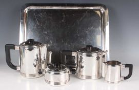 A Christofle Gallia Art Deco five-piece tea set of cylindrical form with ribbed decoration, fitted