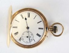 An 18ct gold hunting cased keyless wind gentleman's pocket watch, the jewelled gilt three-quarter
