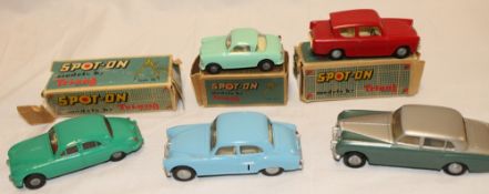 Three boxed Spot-On diecast vehicles including Goggomobile Super, Jaguar 3.