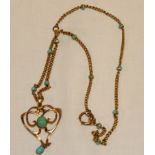 A 9ct gold Art Nouveau pendant mounted with turquoise together with an associated turquoise mounted