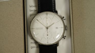 Junghans Chronoscope Max Bill automatic chronograph. 40mm steel case, caseback signed 'Designed by