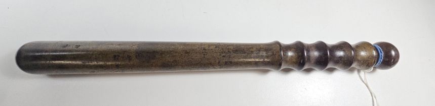 A Victorian police constables turned hardwood (possibly lignum vitae) truncheon V G.C.