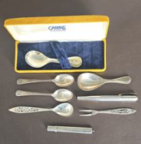 Eight small silver items including 2 caddy spoons and 2 fruit knives with retractable steel