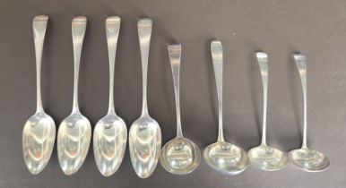 Set of four old English pattern silver table spoons HM London 1791; 2 Georgian silver ladles, HM