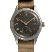 A GENTLEMAN'S SIZE STAINLESS STEEL BRITISH MILITARY TIMOR W.W.W. WRIST WATCH CIRCA 1940s, PART OF
