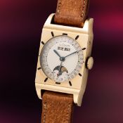A FINE & RARE GENTLEMAN'S SIZE 10K GOLD FILLED RECTANGULAR LECOULTRE MOONPHASE TRIPLE CALENDAR WRIST
