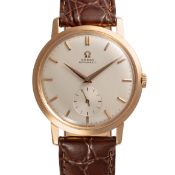 A FINE GENTLEMAN'S SIZE 18K SOLID ROSE GOLD OMEGA AUTOMATIC WRIST WATCH CIRCA 1958, REF. 2897/2898