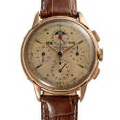 A RARE GENTLEMAN'S LARGE SIZE 18K SOLID ROSE GOLD UNIVERSAL GENEVE TRI COMPAX MOONPHASE TRIPLE