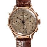 A GENTLEMAN'S SIZE 14K SOLID ROSE GOLD DOXA TRIPLE CALENDAR CHRONOGRAPH WRIST WATCH  CIRCA 1950