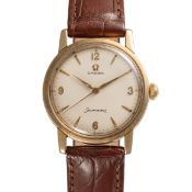 A GENTLEMAN'S SIZE 9CT SOLID GOLD OMEGA SEAMASTER WRIST WATCH CIRCA 1958, DENNISON CASE MADE FOR